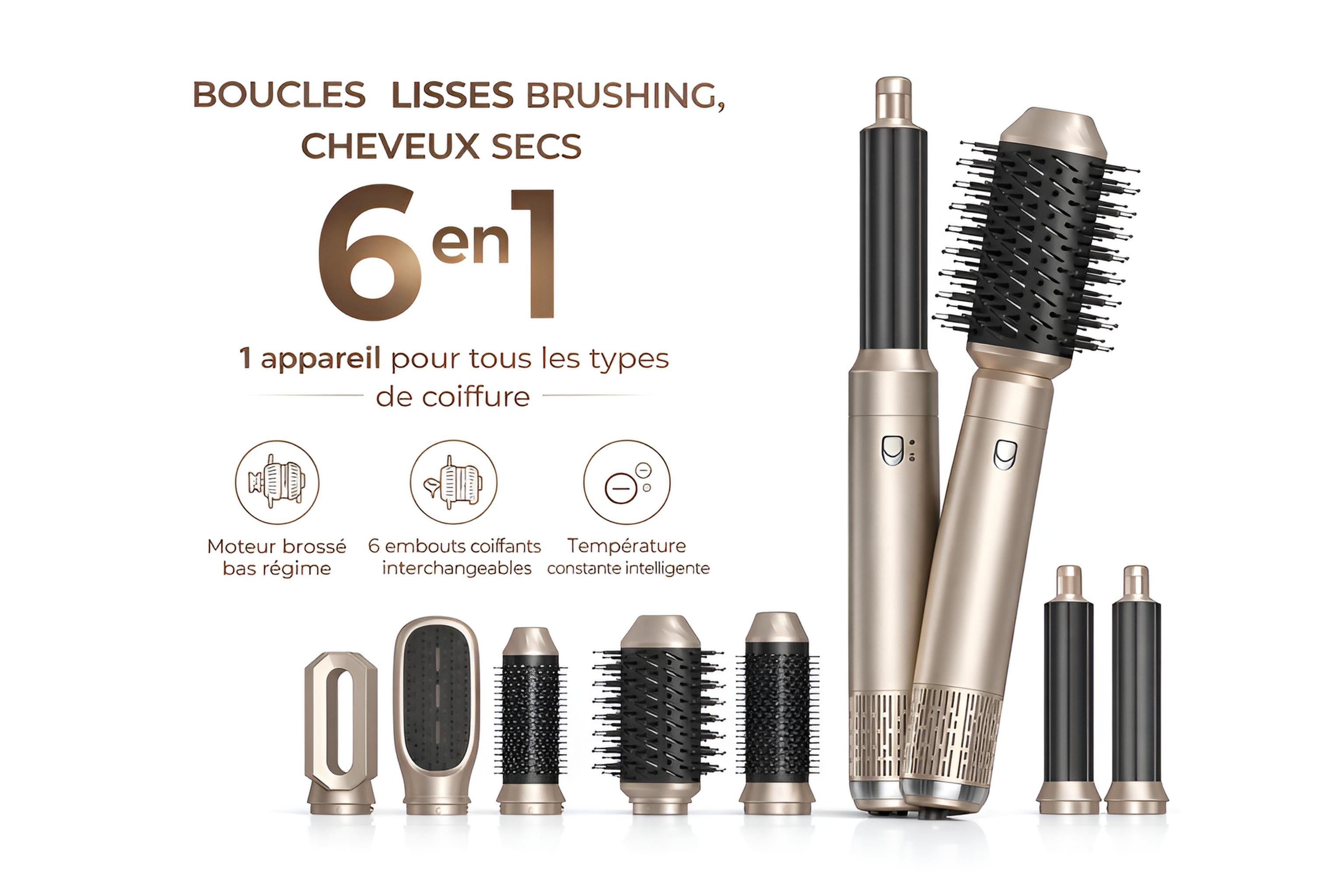 Brosse Soufflante 6-en-1 | PURELISS – Moteur Sans Balais, Soin Nourrissant, Cheveux Secs & Mouillés – Champagne
