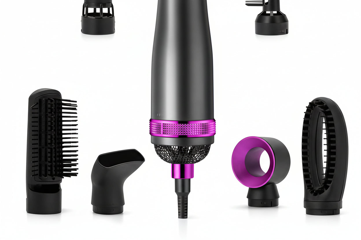 Peigne à Air Chaud 6-en-1 | PURELISS – Lisseur, Boucleur & Sèche-Cheveux, Thermostat, Soin Capillaire – Gris Violet