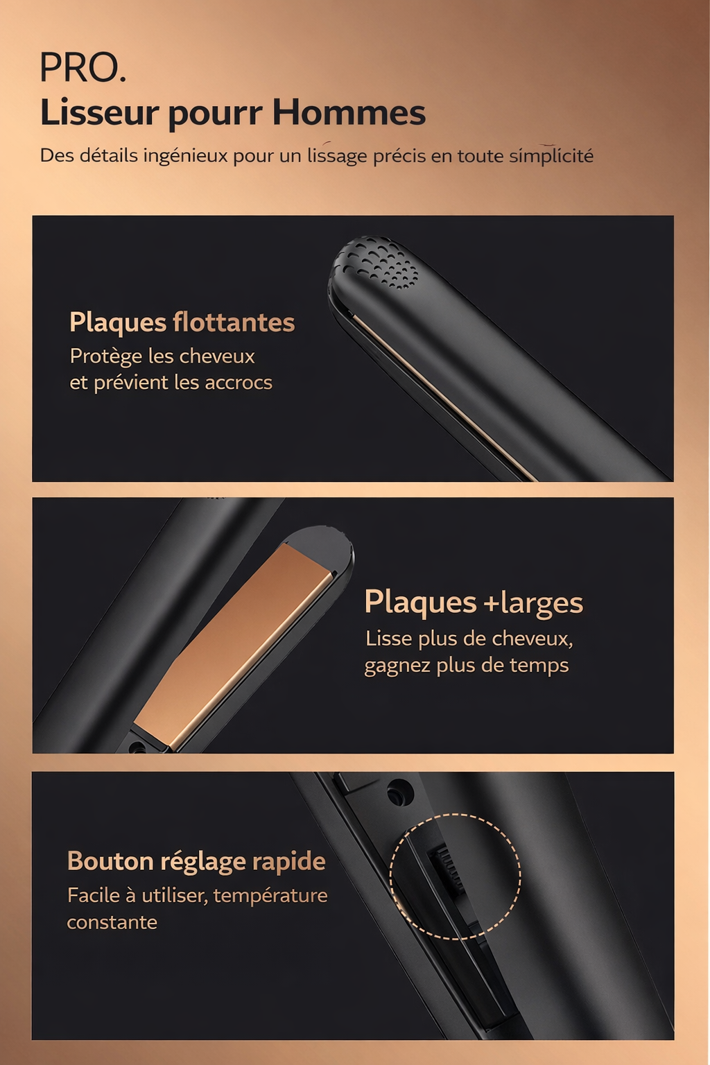 Mini Lisseur & Fer à Boucler 2-en-1 | PURELISS – Plaques Céramiques, Cheveux Courts & Hommes, Résultat en 1-2 min – Noir Or, Blanc Or