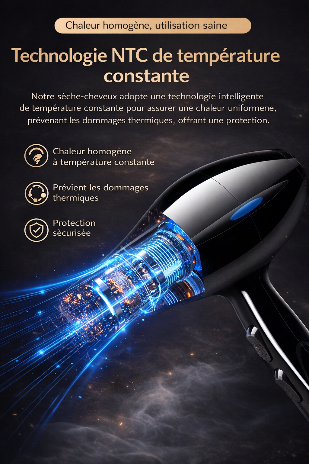 Sèche-Cheveux Professionnel | PURELISS – Haute Puissance, Température Constante, Ultra-Silencieux – Noir