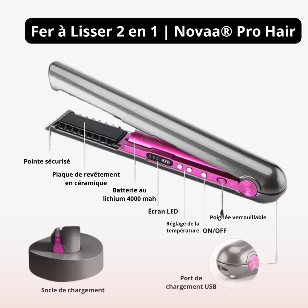 Lisseur & Fer à Boucler 2-en-1 Sans Fil Rechargeable | PURELISS – Multi-Températures, Plaques Céramiques