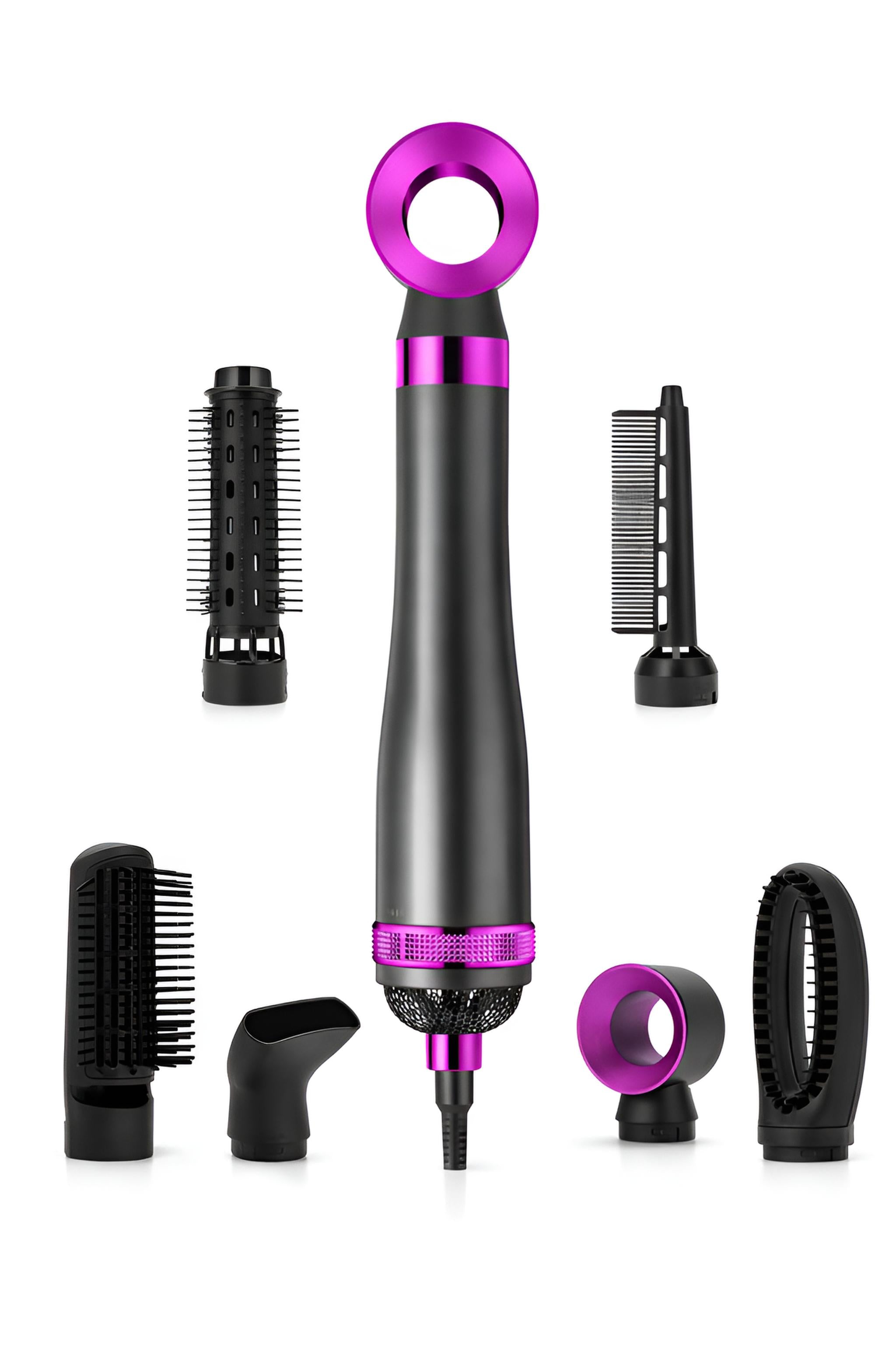 Peigne à Air Chaud 6-en-1 | PURELISS – Lisseur, Boucleur & Sèche-Cheveux, Thermostat, Soin Capillaire – Gris Violet