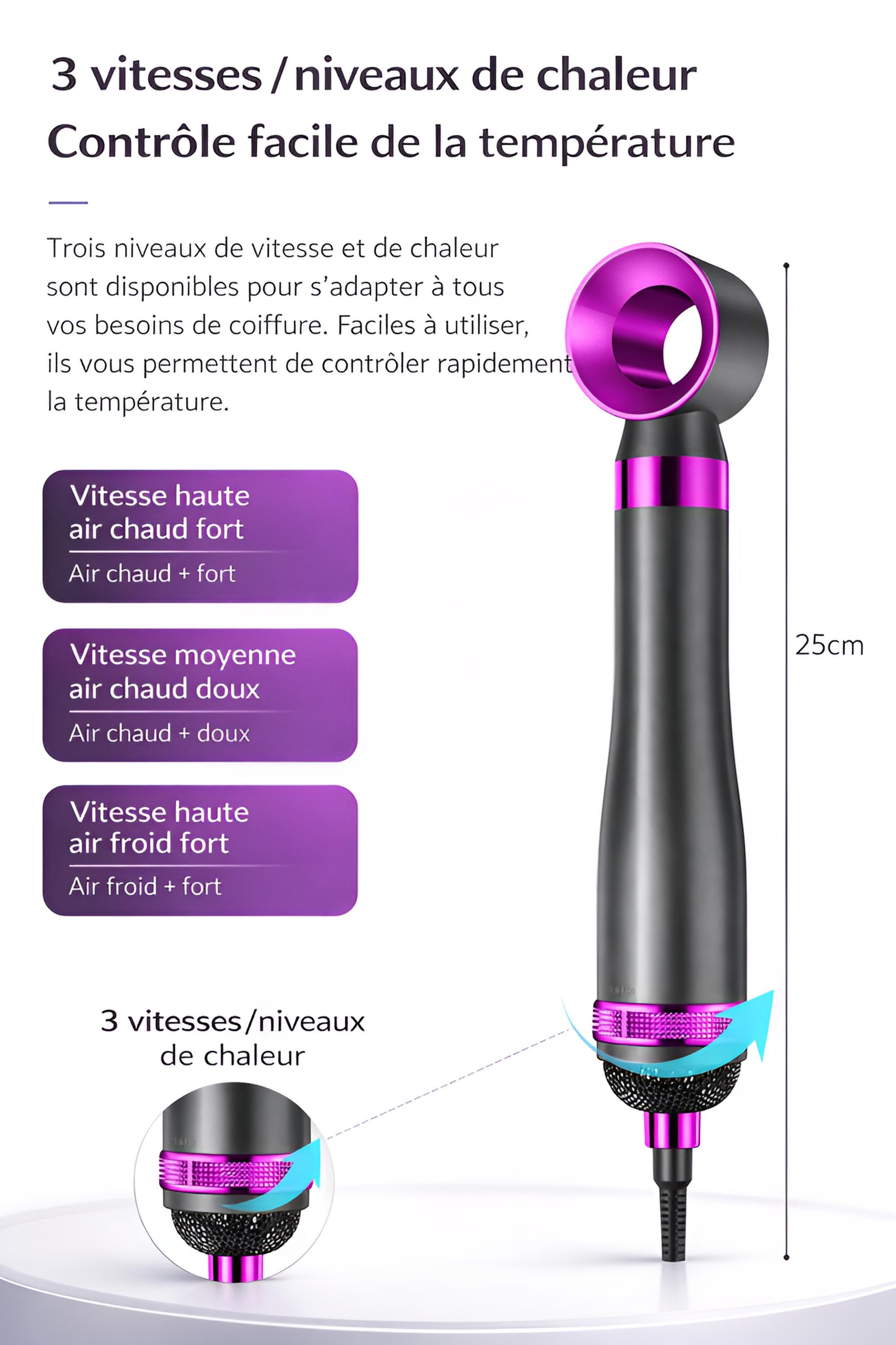 Peigne à Air Chaud 6-en-1 | PURELISS – Lisseur, Boucleur & Sèche-Cheveux, Thermostat, Soin Capillaire – Gris Violet