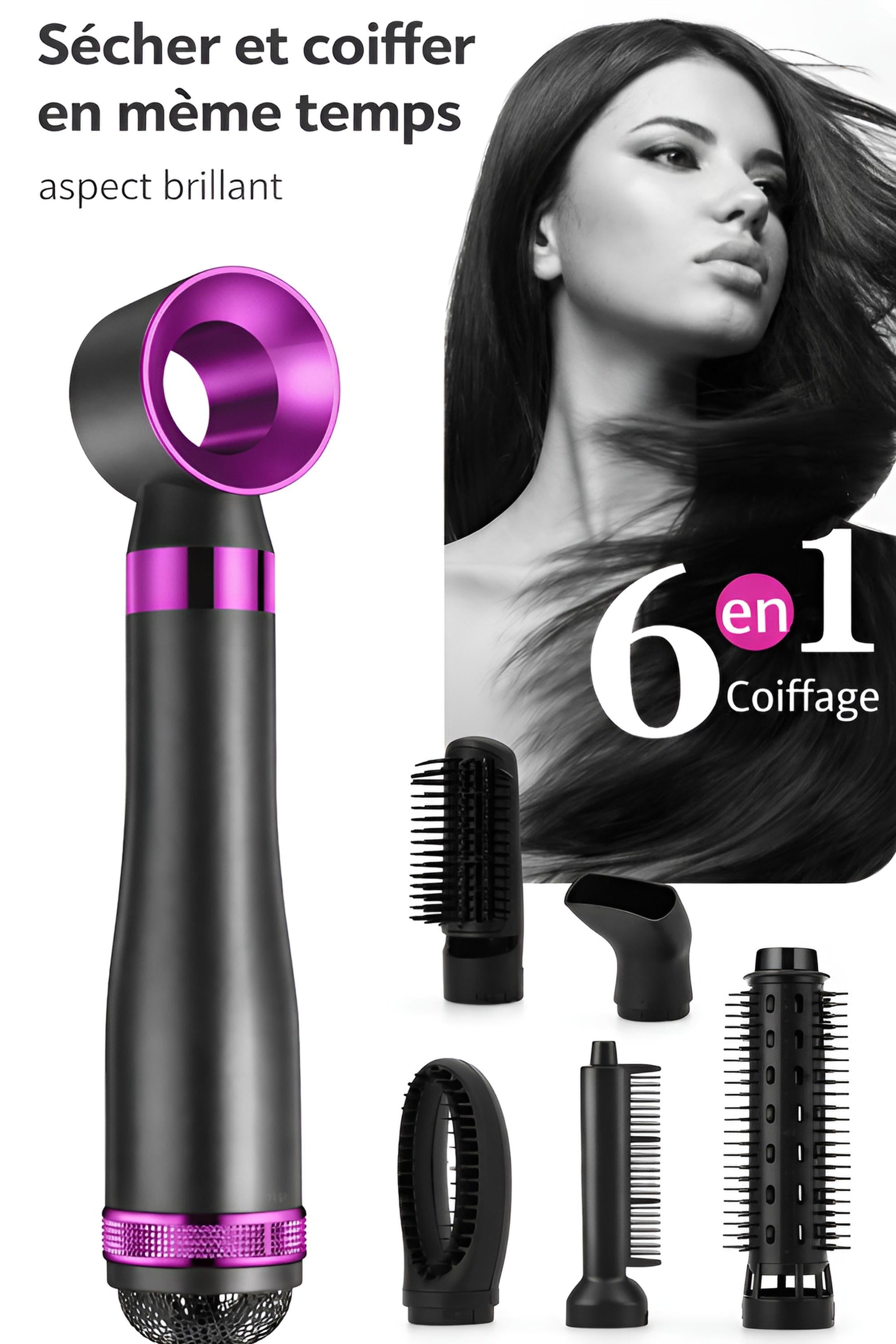Peigne à Air Chaud 6-en-1 | PURELISS – Lisseur, Boucleur & Sèche-Cheveux, Thermostat, Soin Capillaire – Gris Violet