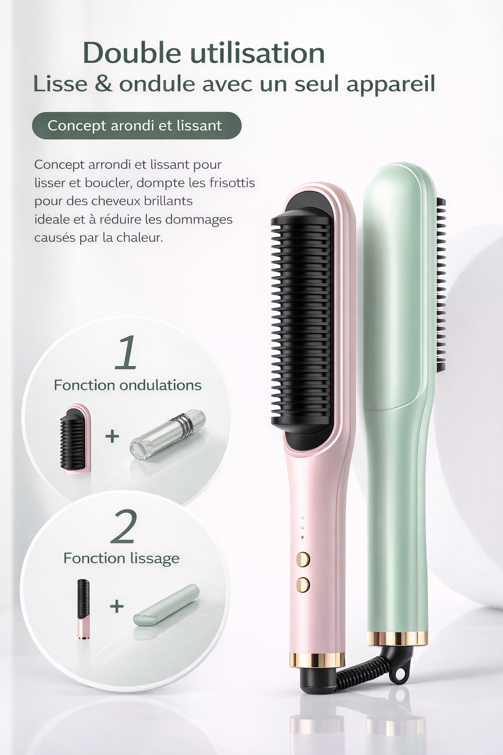 Peigne Lissant & Fer à Boucler Ionique 2-en-1 | PURELISS – Céramique, 10 Températures, Cheveux Secs & Mouillés