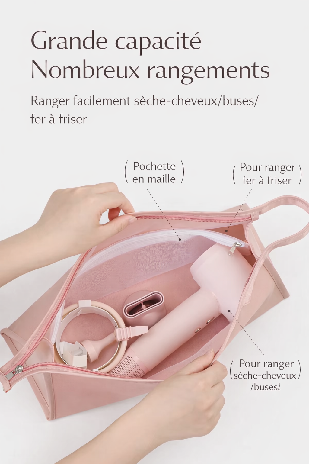 Pochette de Rangement Coiffure | PURELISS – Filet Respirant, Voyage – Rose, Gris, Bleu, Abricot